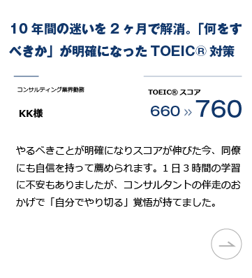 英語コーチングスクール「トライズ」TOEIC L&R対策プログラム 実績。10年間の迷いを2ヶ月で解消