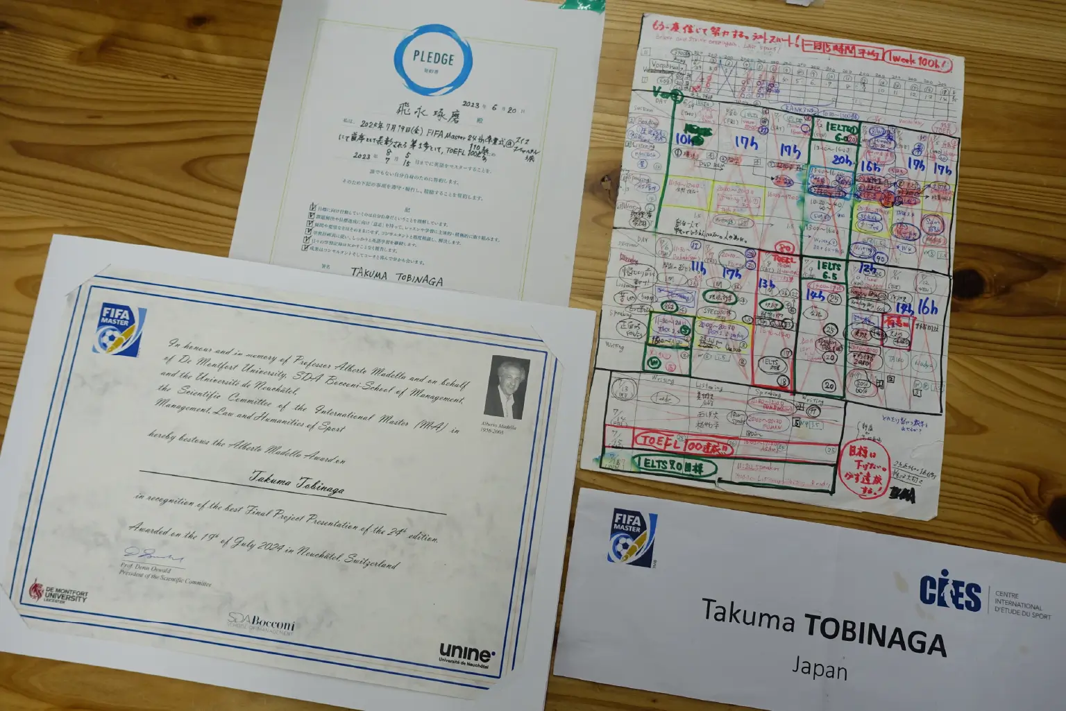 トライズ入会時の誓約書や学習の軌跡がつまったスケジュール表、 卒業論文がベストプロジェクトアワードを受賞した際の賞状など 