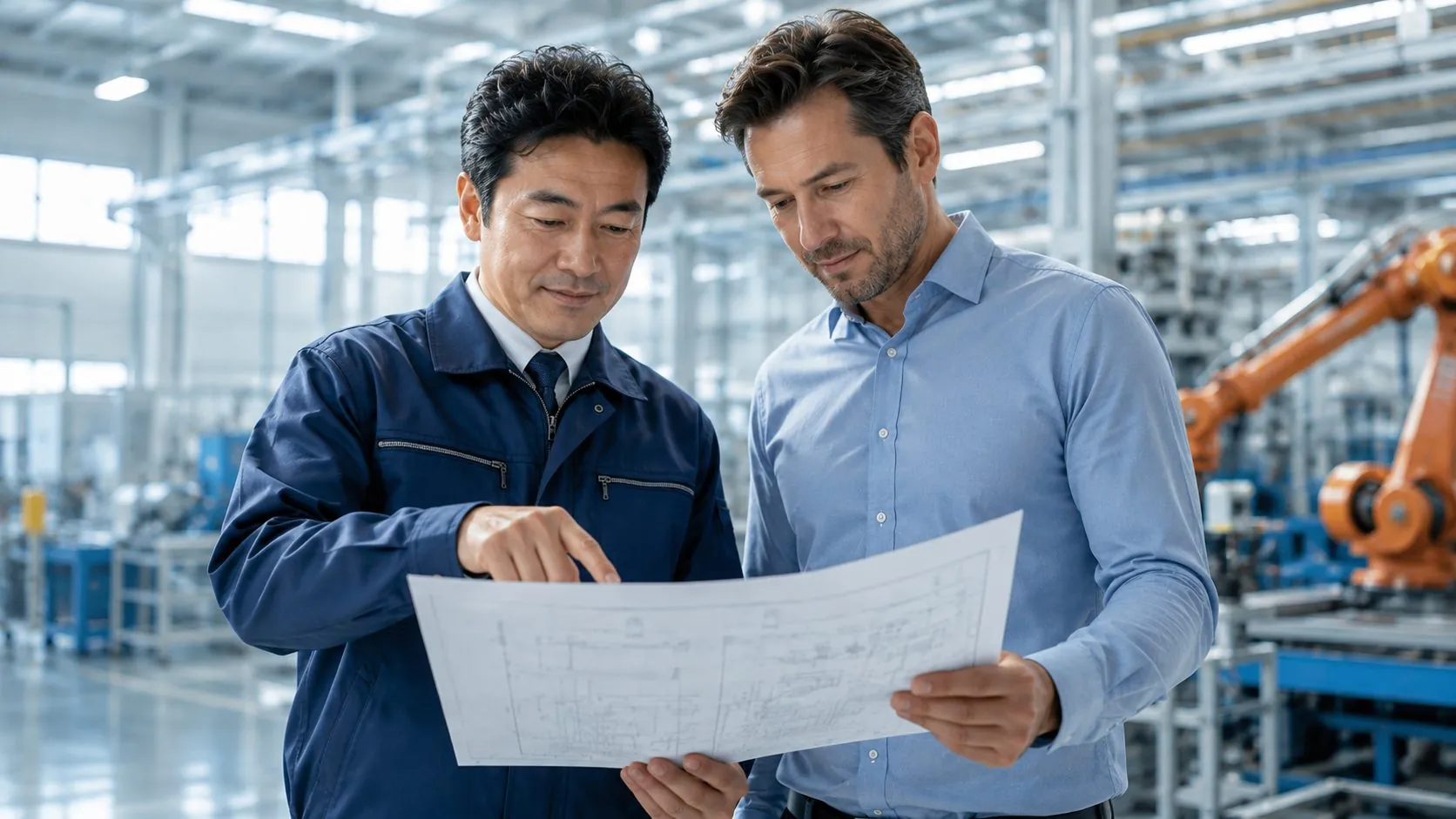工場の現場で海外スタッフと図面を確認する日本人管理職