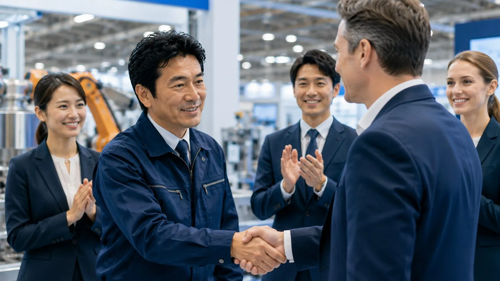 工場で海外バイヤーと握手を交わし、同僚たちに祝福される日本人管理職